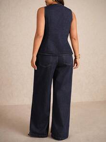 Elaquor 大码女式金属单排扣牛仔背心和阔腿牛仔裤休闲两件套 - 深色水洗藍 - 查看 3