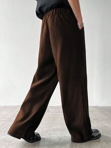 Claim Dot 男士厚阔腿裤，纯色，有口袋，褶皱，宽松，秋季 - 咖啡棕 - 查看 2