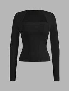 SHEIN EZwear 2 piezas Camisetas de manga larga casuales y minimalistas de talla grande en negro, para otoño/invierno