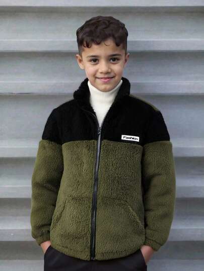 Tween Boy Letter Print Zip-Up Stand Collar Contrast Color Casual Jacket Fall Winter