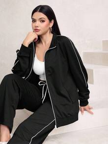Mulvari 2pcs Set Women Raglan Sleeve Zip-Up Colorblock Elegant Cardigan And Pants - Black - View 6
