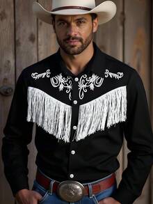 Manfinity Nomadique Men's Retro Contrast Color Long Sleeve Shirt With Front Button-Down And Fringe Decor, Rodeo Shirt Men Western Shirts Western Shirt With Fringe, Fall
