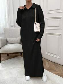 EURMUSE Vestido de suéter largo tipo maxi con cuello de polo y toque suave de hilo cepillado para mujer - Negro - Ver 3