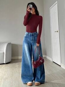 SHEIN EZwear 女士休闲立领长袖紧身衣，梅红色，秋季 - 中紫紅色 - 查看 5