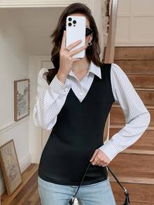 Elyressa 女士休闲条纹长袖二合一衬衫领上衣 - 黑與白 - 查看 7