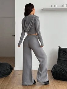 Coolane 女士冬季街头休闲复古 Y2K 舒适拉链法式灰色修身毛衣连帽衫和毛衣喇叭裤休闲套装两件套服装 - 灰色 - 查看 6