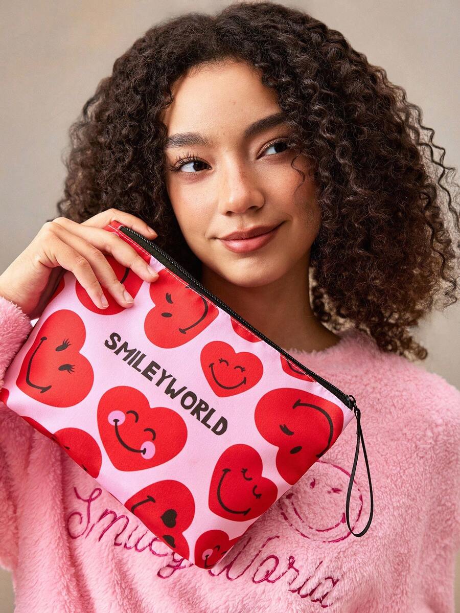 SmileyWorld® | SHEIN 1件裝卡通圖案印花輕量化化妝包，適合收納化妝品、文具、日常用品、數位產品，非常適合通勤、上學、旅行，適合男士、女士、學生，愛心款 - 紅色 - 查看 1