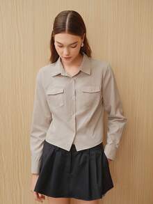 SHEIN Unity Camisa de mujer de manga larga con bolsillos dobles y corte cropped de moda - Albaricoque - Ver 4