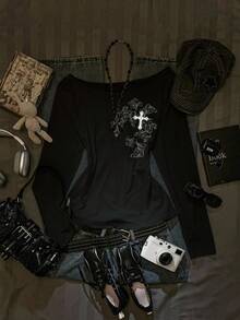 SHEIN EZwear Cross Pattern Autumn New Loose Shoulder Cutout Printed Long Sleeve Sexy Asymmetrical Shoulder Rolled Hem Pullover T-Shirt For WomenIn Fall/Winter - Black - View 8