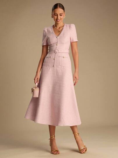 Enchnt Fall/Winter Romantic Women's Elegant Pink V-Neck Short Sleeves Dress With Sequin Decoration And Belt,Sweet&Elegant&Fashionable For Date&Holiday&Birthday&Party&Wedding Guest&Office&Going Out&Afternoon Tea,Fall Dress For Women,Autumn Clothes