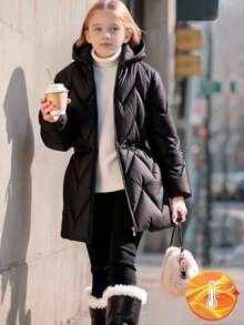 Tween Girls Black Winter Modest Hooded Padded Coat, Loose Fit Drawstring Waist Graphic Pattern Casual Outwear For School, Date, Outdoor, Commute, Fall - Black - View 1