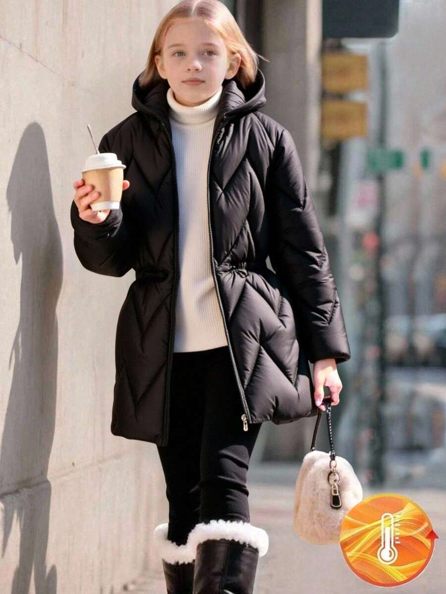 Tween Girls Black Winter Modest Hooded Padded Coat, Loose Fit Drawstring Waist Graphic Pattern Casual Outwear For School, Date, Outdoor, Commute, Fall - Black - View 1
