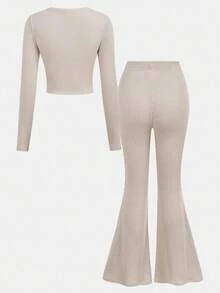 SHEIN Girlism 青少年女孩休闲纯色针织圆领长袖短款修身 T 恤和高腰喇叭裤两件套 - 杏色 - 查看 2