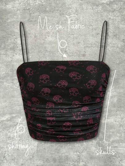 Y2Kool Maryam Alam 黑色、网眼、骷髅、万圣节、Y2K、哥特、街头服饰、休闲、网眼吊带背心，适合女士夏季、秋季、度假、派对、聚会、日常穿着 Y2k 抹胸骷髅印花抹胸露肩抹胸印花抹胸露肩衬衫性感上衣