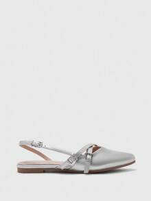 CUCCOO BIZCHIC 女士尖头平底鞋，带交叉扣带，银色露背平底鞋，舒适百搭休闲鞋，适合工作和日常穿着 - 銀色 - 查看 7