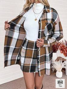 SHEIN PETITE 2件套：长袖棕色格子夹克和裙子 - 彩色 - 查看 1