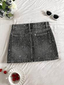 Comfortcana Dammode, mångsidig, strassutsmyckad denimminikjol med fickor - Svart - Visa 2