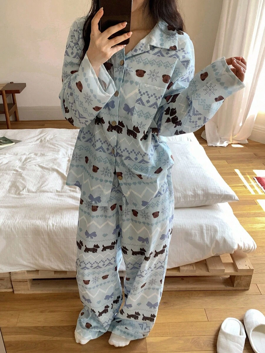 DAZY 可爱小狗蝴蝶结印花女士睡衣套装,秋冬服装 - 藍色 - 查看 1