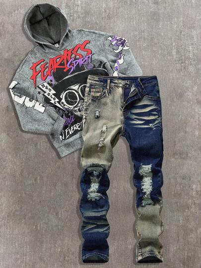 青少年男孩时尚休闲复古镂空破洞磨边设计感渐变水洗灰色弹力牛仔裤，酷炫男童/感恩节男童黑色和灰色牛仔弹力修身破洞牛仔裤，适合儿童男童日常穿着，春夏男童涂鸦街头牛仔裤