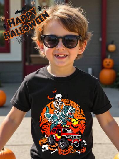 SHEIN Young Boys Casual Cartoon Dinosaur Graphic Tee, Cute & Round Neck T-Shirt, Suitable For Summer