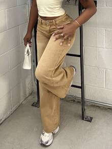 Alexandranx 女士休闲百搭牛仔裤，带口袋，宽松阔腿裤 - 卡其色 - 查看 1