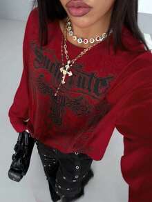 StreetHx 女士哥特印花宽松休闲暗黑街头风圆领薄款长袖T恤，秋冬图案T恤，春季女式上衣 - 酒紅色 - 查看 1