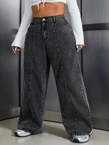 SHEIN CURVE+ 大码休闲简约牛仔裤，适合夏季，曲线加大，Hoho 度假 - 黑色 - 查看 5