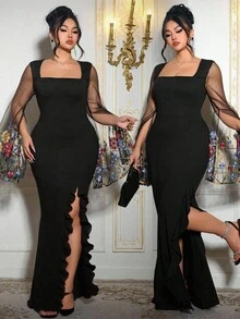 Roveilla Plus Size Women Elegant Mesh Patchwork Sleeve Fishtail Ruffle Hem Dress, Party Wear