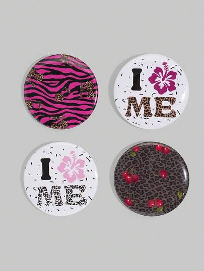 ROMWE Goth 4pcs 2.29 Inch Sweet Girl Style Leopard, Cherry, Tropical Floral Pattern Decorated Pins, Brooches, Badge Buttons, Suitable For Sewing On Clothes, Bags, Backpacks, Great Gift For Friends And Family