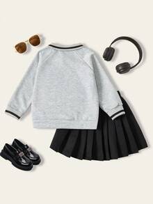 2pcs/Set Girls Casual Outfit, Bow Polo Shirt And Black Pleated Skirt, School Style Fall Winter