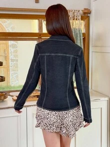SHEIN EZwear 女式休闲水洗牛仔束腰夹克 - 藍色 - 查看 2