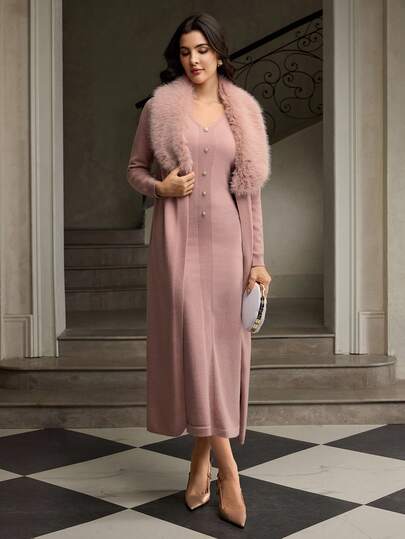 ZEYLAH 2件套女士秋冬无袖连衣裙和长款开衫套装