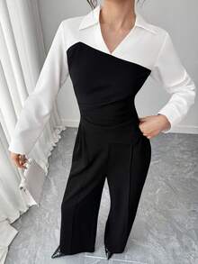 2件套青少年春秋款黑色拼布白衬衫长袖+休闲裤 - 黑色 - 查看 7