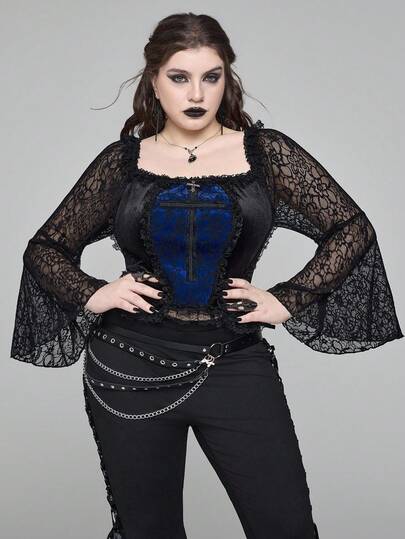EDITION Plus Size Gothic Style Dark Blue Lace Cross Women's Top, Autumn/Winter. Dark Gothic Velvet Patchwork Bright Blue Cross Lace Velvet Shirt, Plus Size Women Tops, Suitable For Halloween Party, Dinner, Banquet, Vintage Palace Style Gothic Plus Size Women Blouse Shirt