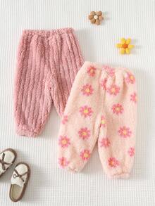 Cozy Pixies 2pcs Baby Girl Floral Print Textured Fleece Elastic Waist Jogger Pants Set Fall Winter - Pink - View 2