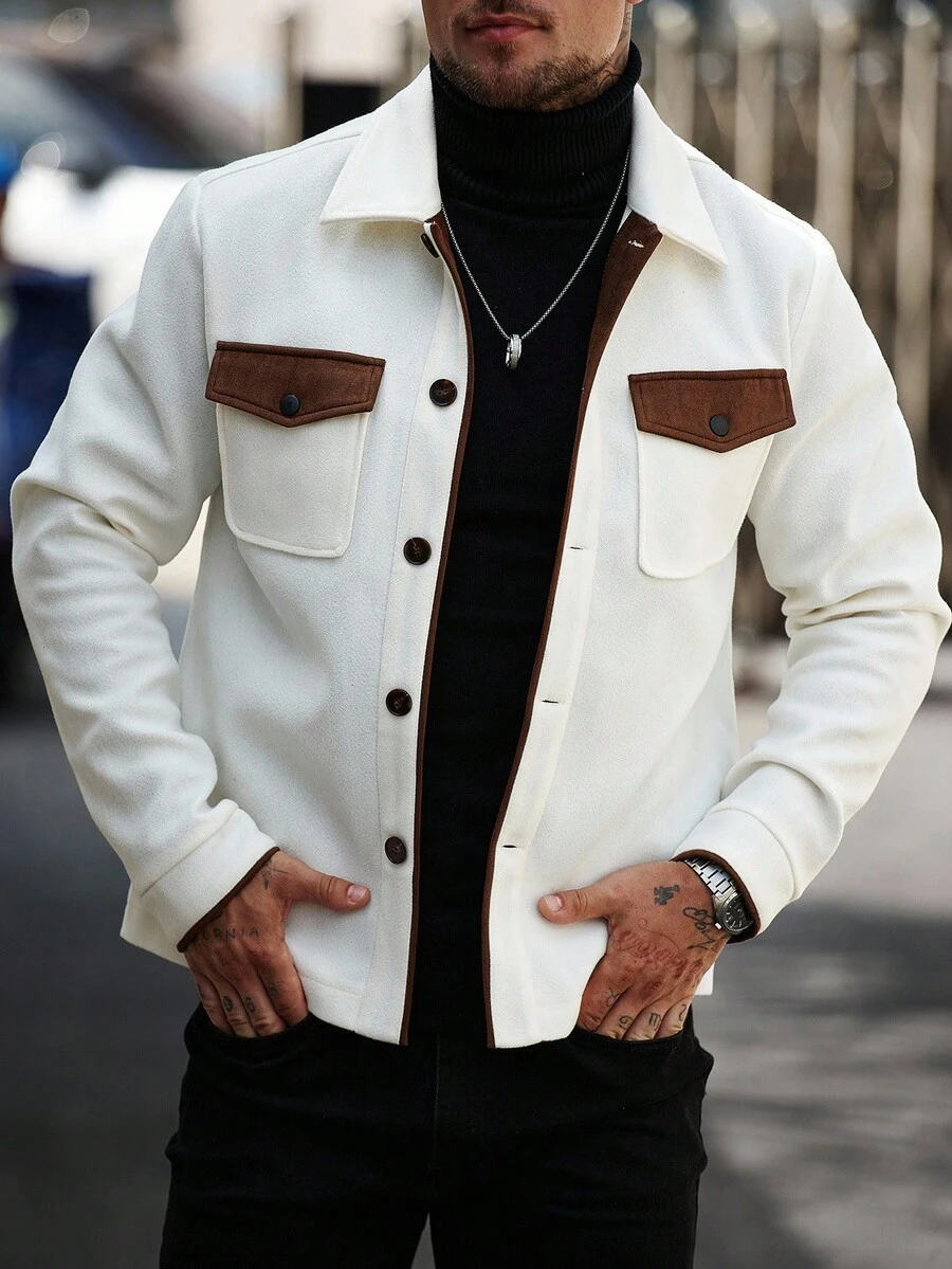 Manfinity Homme Áo khoác nam dài tay thiết kế túi màu tương phản, áo sơ mi nam kiểu Tây màu be thu đông, áo khoác nam cài nút màu kem, áo khoác nam - trắng - Xem 1