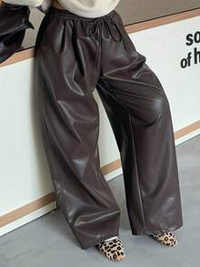 Dazy Plus 大码女式宽松直筒PU皮裤，腰部抽绳，休闲街头风格，适合秋冬季 - 棕色 - 查看 1
