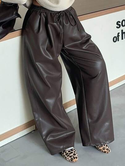 Dazy Plus 大码女式宽松直筒PU皮裤，腰部抽绳，休闲街头风格，适合秋冬季