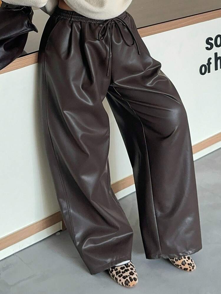 Dazy Plus Plus Size Women Loose Straight Leg PU Leather Pants With Drawstring Waist, Casual Street Style, Suitable For Autumn/Winter