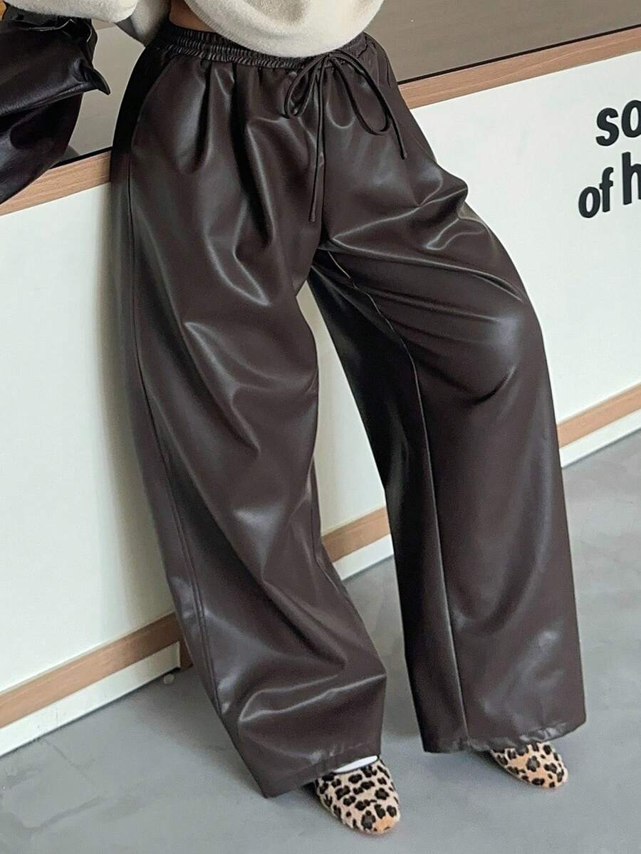 Dazy Plus 大码女式宽松直筒PU皮裤，腰部抽绳，休闲街头风格，适合秋冬季 - 棕色 - 查看 1