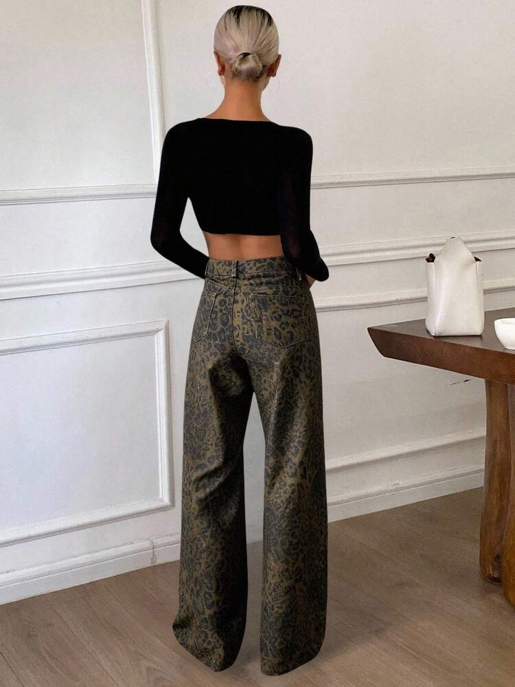 High Waist Leopard Print Flared Jeans For Women, New Loose Fit Straight Leg Ankle Length Jeans