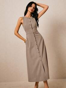 Poéselle 棉质纯色前扣圆领无袖连衣裙 - 摩卡棕 - 查看 6