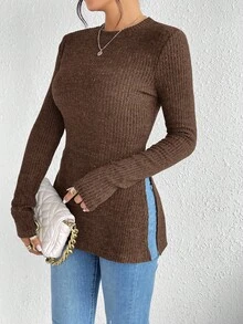 SHEIN Frenchy T-shirt côtelé à encolure ronde et ourlet en tricot côtelé en tissu à grain fendu - Tabac - Voir 5