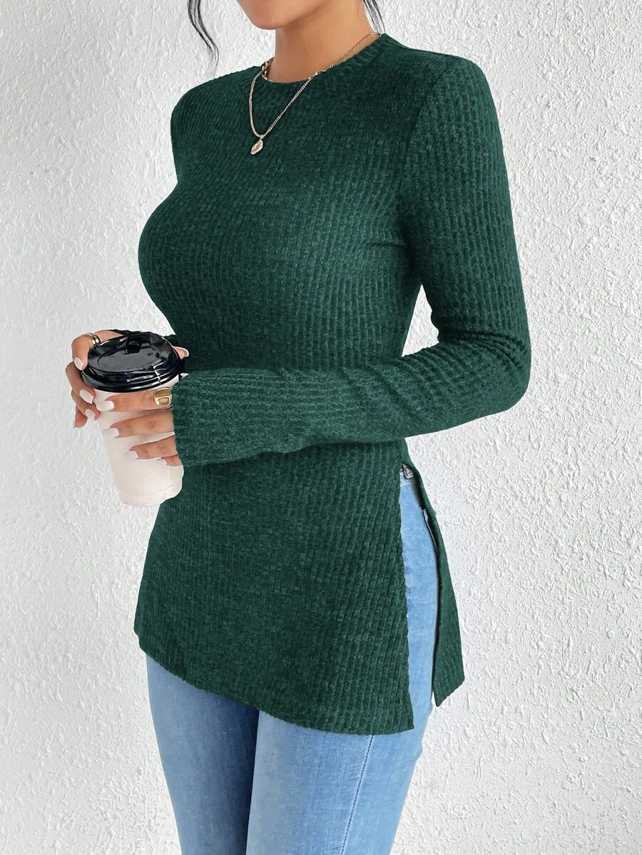 SHEIN Frenchy 纯色裂纹面料圆领下摆罗纹针织 T 恤 - 綠色 - 查看 1