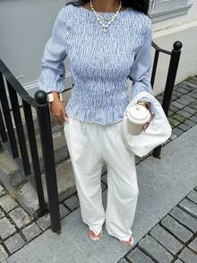 Siren Gaze Christmas  New Year Clothes  Christmas And New Year Red  Women's Fashion Commuter Plaid Lantern Sleeve Blouse Blue Casual Spring - Baby Blue - View 3