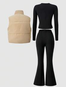 Sparklyn Girls Casual Versatile Vest T-Shirt And Pants Set, Pants With V-Shaped Waistline Design, Vest With Simple Classic Design, Suitable For Autumn/Winter Outings, Walking, Shopping, School, Commuting, And Travel - Khaki - View 4