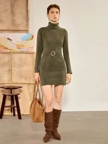 Chiquease Solid Color Casual Loose Knit Sweater Dress, Vintage High Neck Thick Sweater Dress - Army Green - View 5