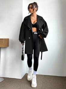 SHEIN EZwear 秋季大码休闲纯色双排扣风衣 - 黑色 - 查看 3