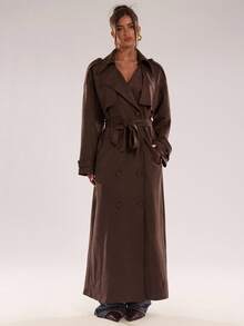 SHEIN BAE 秋季时尚通勤纯色双排扣长款风衣 - 咖啡棕 - 查看 5