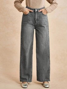 Écloséra 女款寬鬆休閒牛仔褲，帶側口袋與寬腿設計 - 淺灰色 - 查看 4